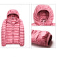 Pink hooded puffer jacket showing hood interior, sleeve cuff, and side seam