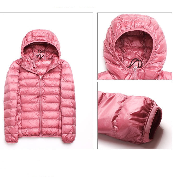 Pink hooded puffer jacket showing hood interior, sleeve cuff, and side seam