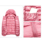 Pink hooded puffer jacket with quilted baffles and full zip front