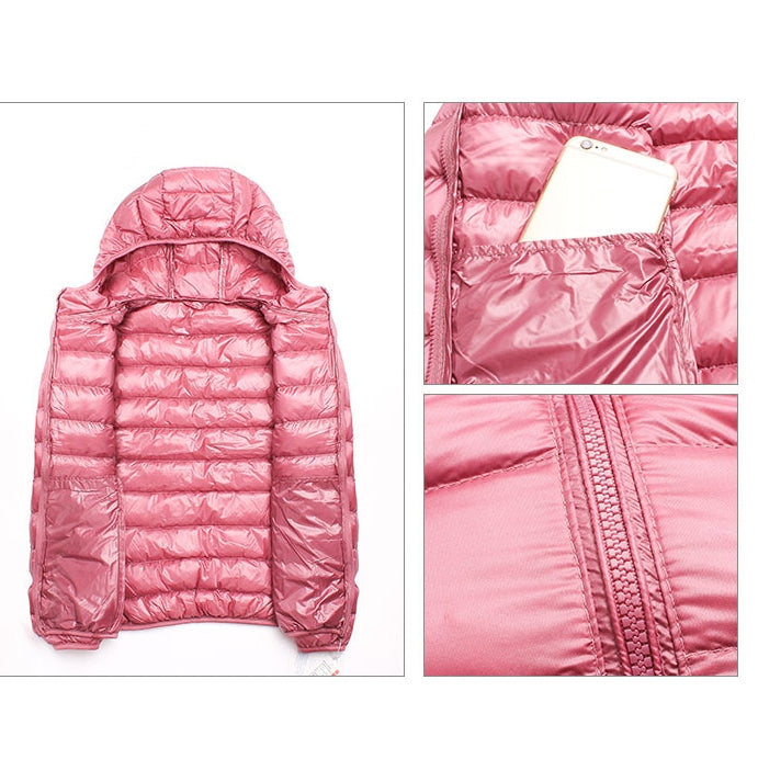 Pink hooded puffer jacket with quilted baffles and full zip front