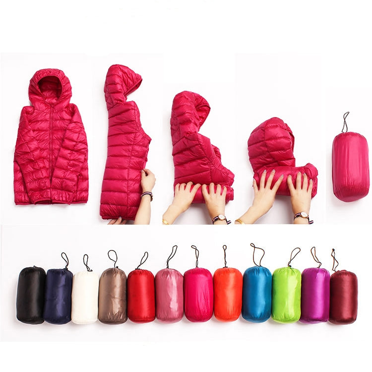 Color range of hooded puffer jackets with matching carry pouches