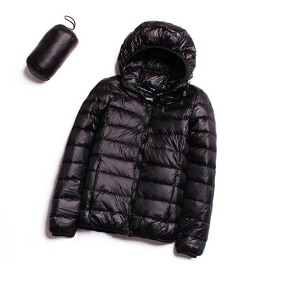 Black hooded puffer jacket with full zipper and small carry pouch