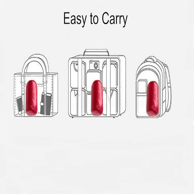 Red hooded puffer jacket folding and carrying illustration with bag straps