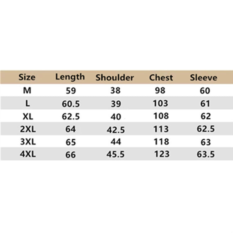 Jacket size chart showing M to 4XL length, shoulder, chest, and sleeve