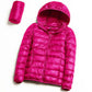 Fuchsia hooded puffer jacket with full-zip front and quilted down-filled panels