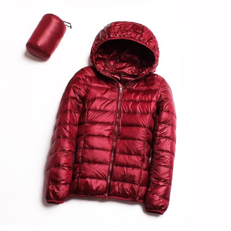 Burgundy hooded puffer jacket with full-zip front and quilted down-filled panels
