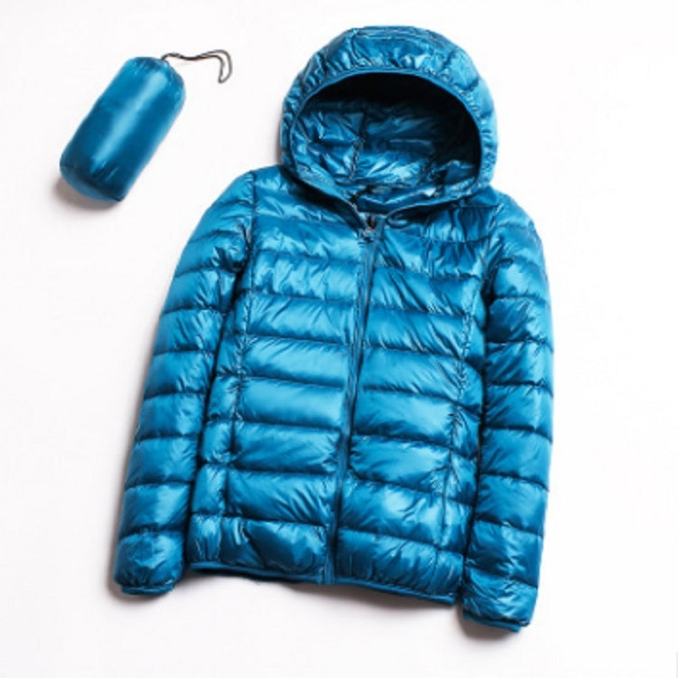 Women’s hooded puffer jacket in blue, front zipper, quilted insulated design