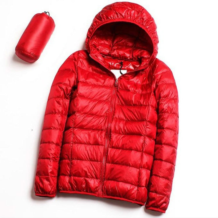 Women’s hooded puffer jacket in red, full front zipper, quilted insulated parka