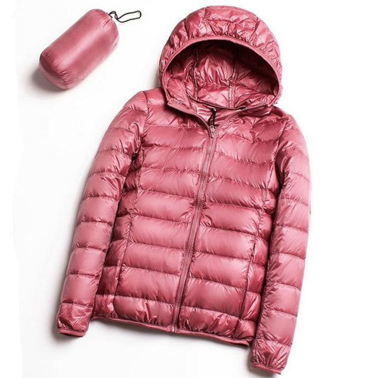 Women’s hooded puffer jacket in light pink, front zipper, quilted warm coat