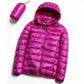 Women’s hooded puffer jacket in fuchsia pink with full-zip front and quilted insulation