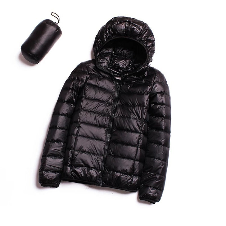 Women’s hooded puffer jacket in black with full-zip front and quilted insulation