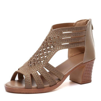 Embellished apricot peep-toe wedge sandals with cutout strap and chunky heel
