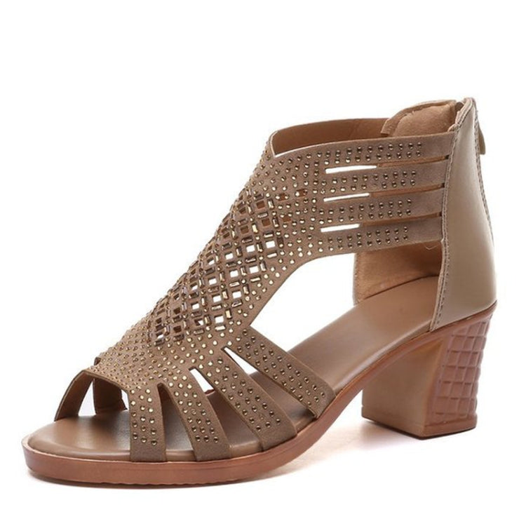 Embellished apricot peep-toe wedge sandals with side straps and open toe
