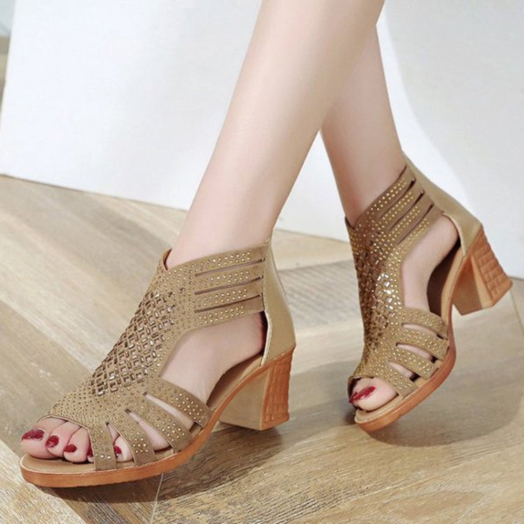 Apricot peep-toe wedge sandals with rhinestone cutouts worn with bare legs