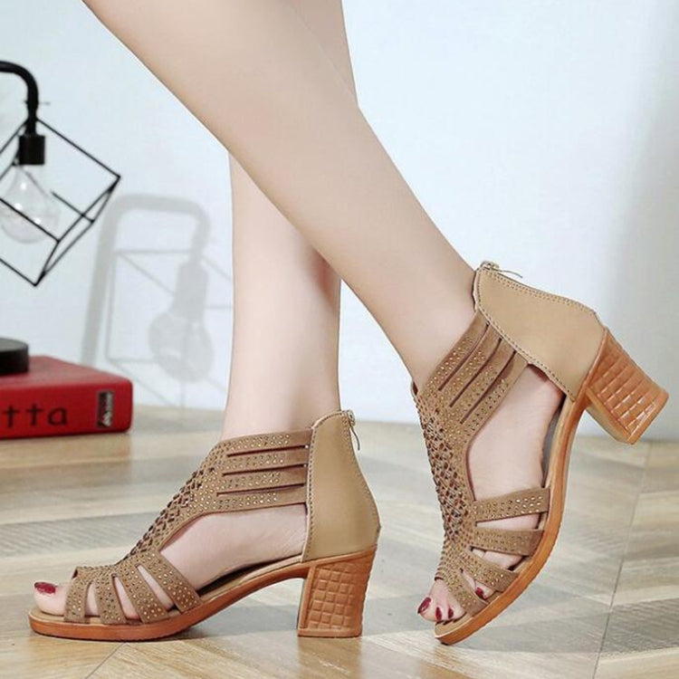 Apricot peep-toe wedge sandals with ankle strap and rhinestone cutout detailing