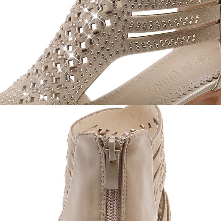 Apricot sandal upper close-up with rhinestone cutouts and side zipper