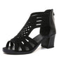 Black peep-toe cutout wedge sandals with rhinestone crisscross straps and chunky heel