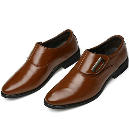 Men's brown leather slip-on dress shoes, pointed toe, metal buckle detail