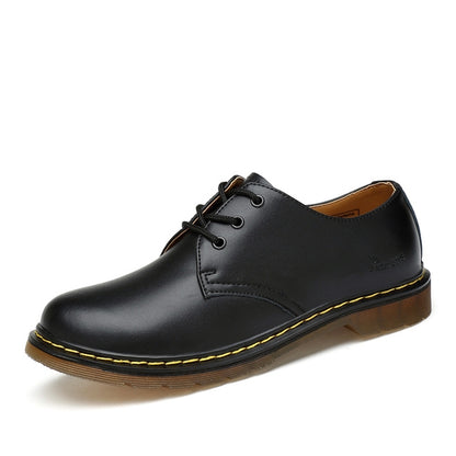 Black leather lace-up casual boots with stitched toe and yellow welt stitching
