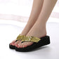 Gold sequin thong wedge flip-flops with black platform sole