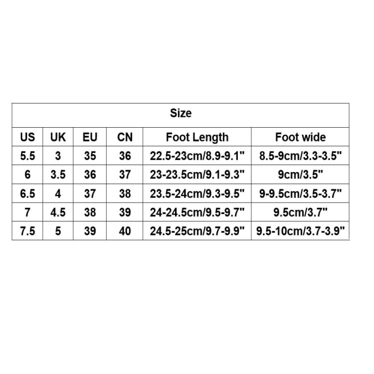 Shoe size chart with US, UK, and EU sizes plus foot length and width