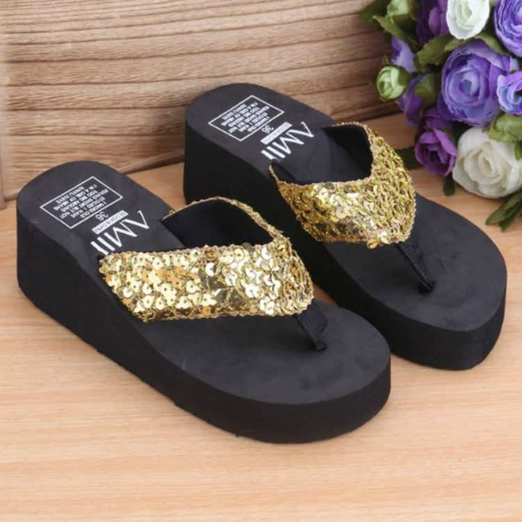 Sequin wedge flip-flop sandals with mixed gold sequin strap and black thong platform