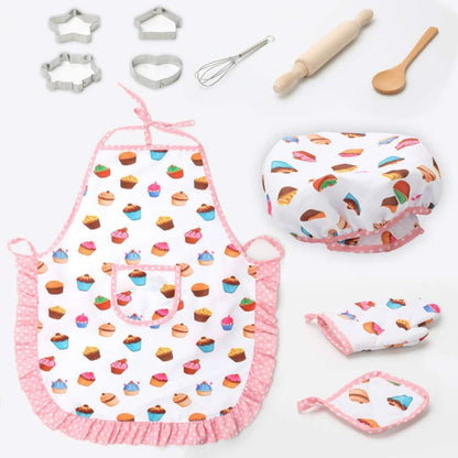 Kids cooking kit costume set with pink patterned apron, chef hat, and matching gloves