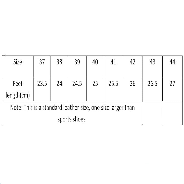 Shoe size chart for sizes 37 to 44 with foot length in cm