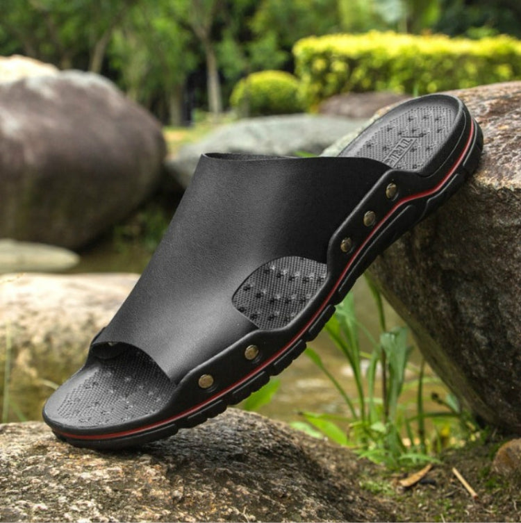 Men's black slip-on slide sandals with perforated footbed and red trim