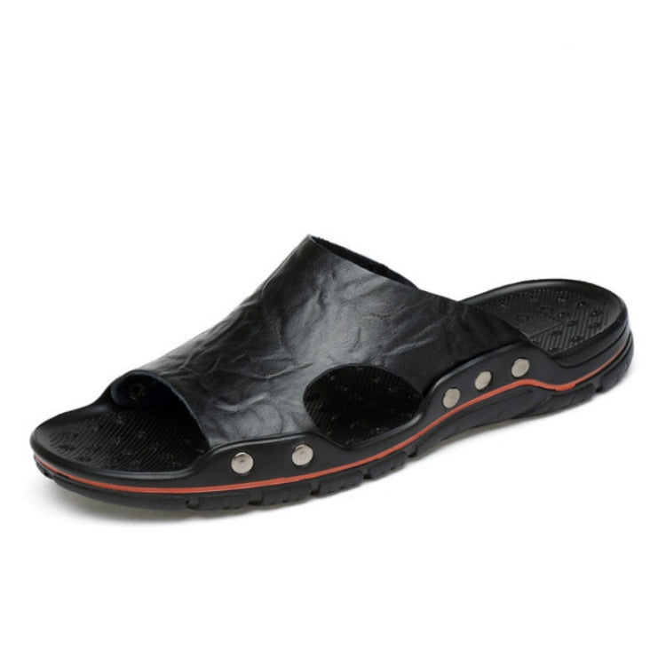 Men’s microfiber slide sandals, open toe, black upper and dark outsole with orange trim