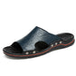 Men’s microfiber slide sandals, open toe, blue upper and dark outsole with orange trim