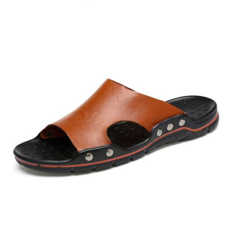 Men's microfiber slide sandals with brown strap, black textured toe section, and metal circle details