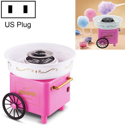 Pink retro cotton candy trolley machine with white bowl and front cart wheels.