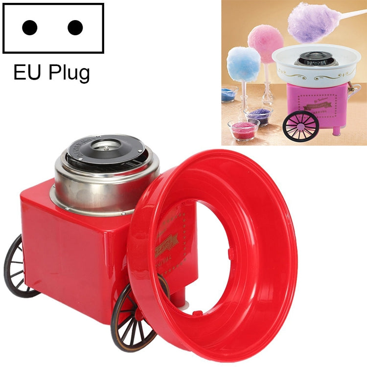 Red retro cotton candy trolley machine with white sugar bowl, black heater top, and large red cover ring.