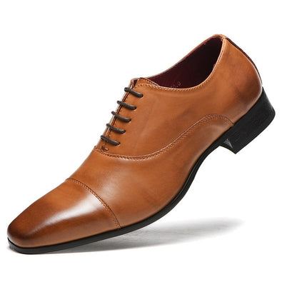 Brown leather oxford dress shoes with lace-up front and black block heel