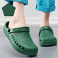 Green slip-on medical clogs on feet with perforations and heel strap