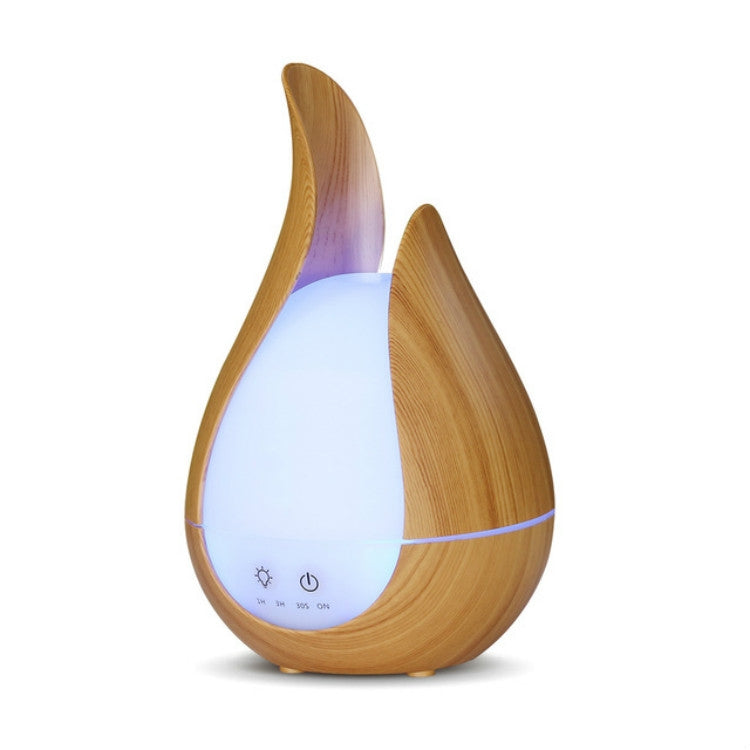 Light wood grain teardrop aroma diffuser with soft blue LED glow