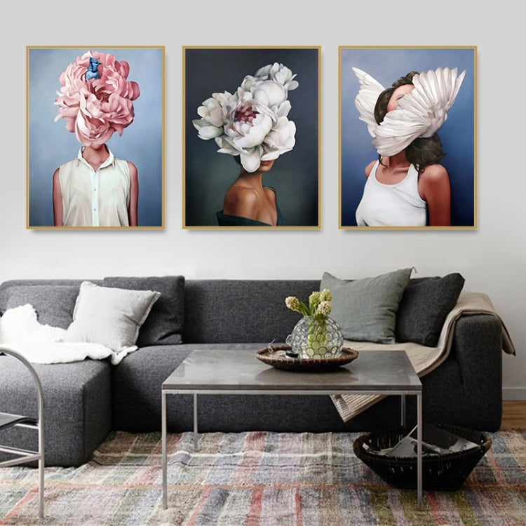 3-panel framed canvas wall art with flower portrait women in white and pink