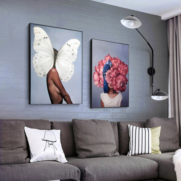 Framed canvas wall art with white butterfly and pink flower portrait women
