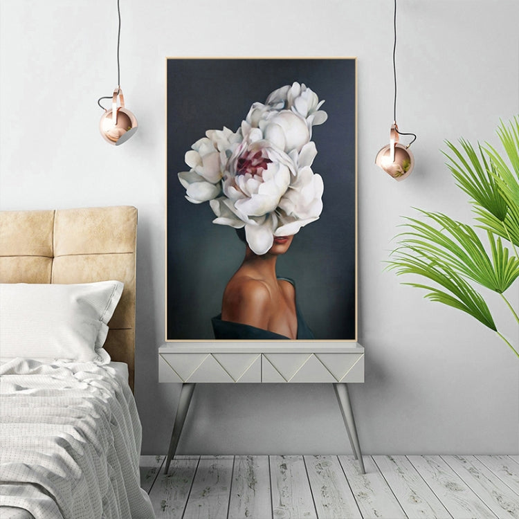 Framed canvas wall art of woman with white flower headpiece portrait