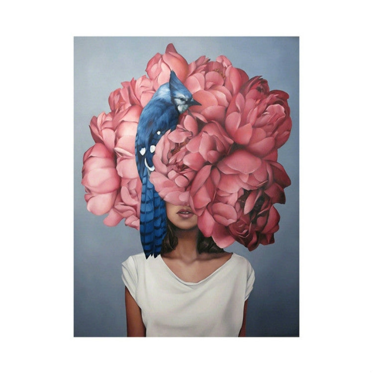 Frameless canvas wall art of woman with pink flower headpiece and blue feather