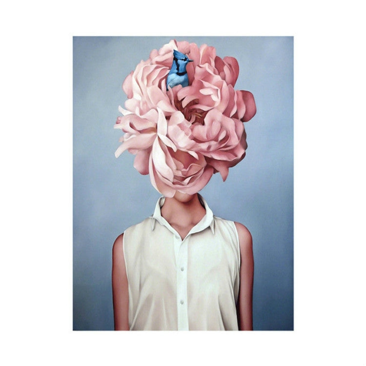 Frameless canvas wall art with pink floral head and woman in sleeveless shirt