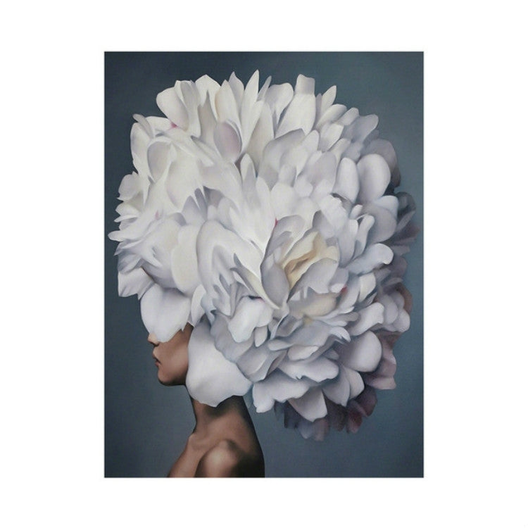 Frameless canvas wall art close-up of woman with white flower headpiece