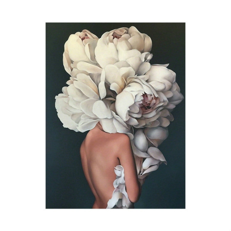 Frameless canvas wall art of woman with layered white flower headpiece and beige tones