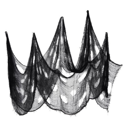 Black gauze haunted-house drape with layered pointed arches and mesh texture