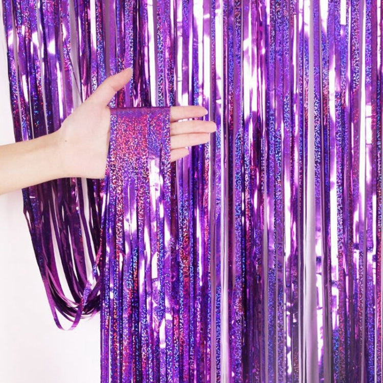 Laser rain tinsel foil curtain, purple glitter strands tied at top, hand parting strands