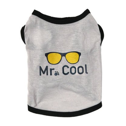 Light gray pet vest with black trim and “Mr. Cool” front graphic with yellow sunglasses