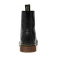Black ankle boots with lace-up opening and brown tread sole, back view