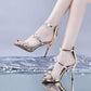 Champagne peep-toe high heel sandals with star accents and ankle straps