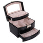 Black croc-texture jewelry case with hinged lid and multiple padded compartments